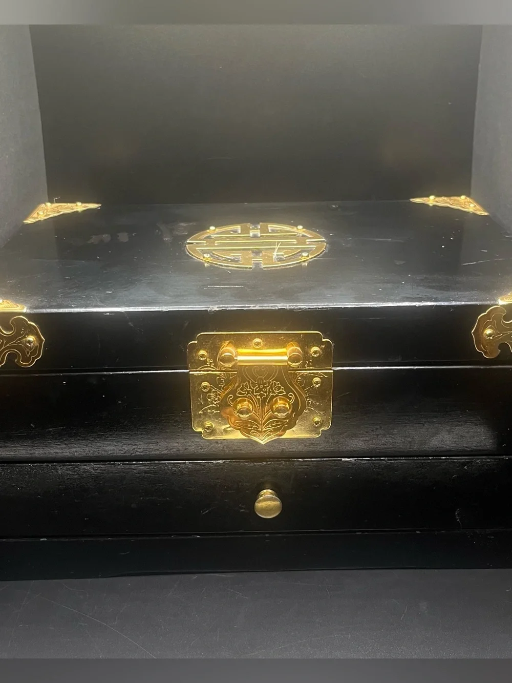 Vintage Asian Black Lacquer Jewelry Box Drawer Brass Hardware Chinese Longevity